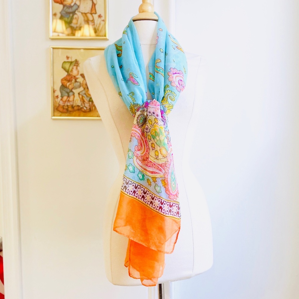 Blue Orange Paisley Scarf / Beach Cover-up Shawl EUC